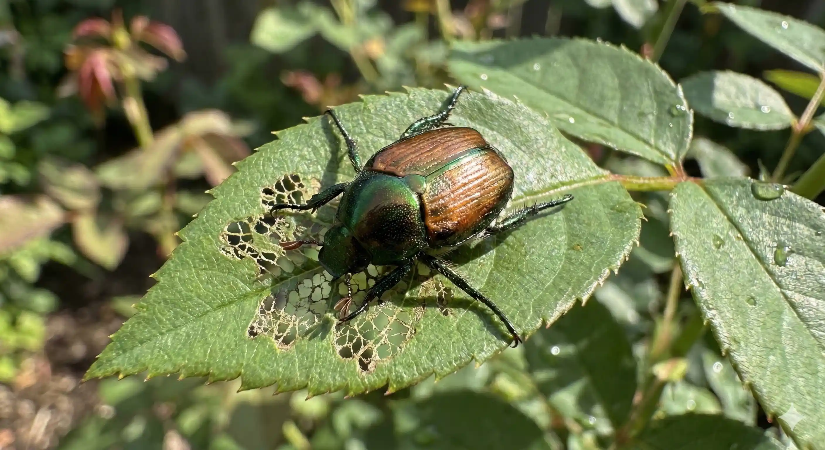 Professional Japanese beetle control technician treating landscape plants for beetle infestation