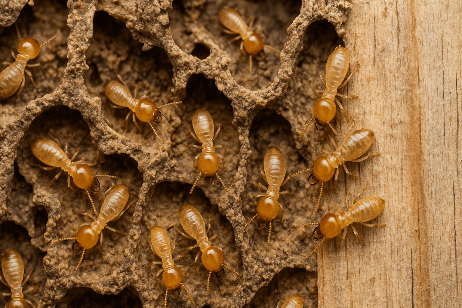 Termites crawling over wooden structures they are destroying