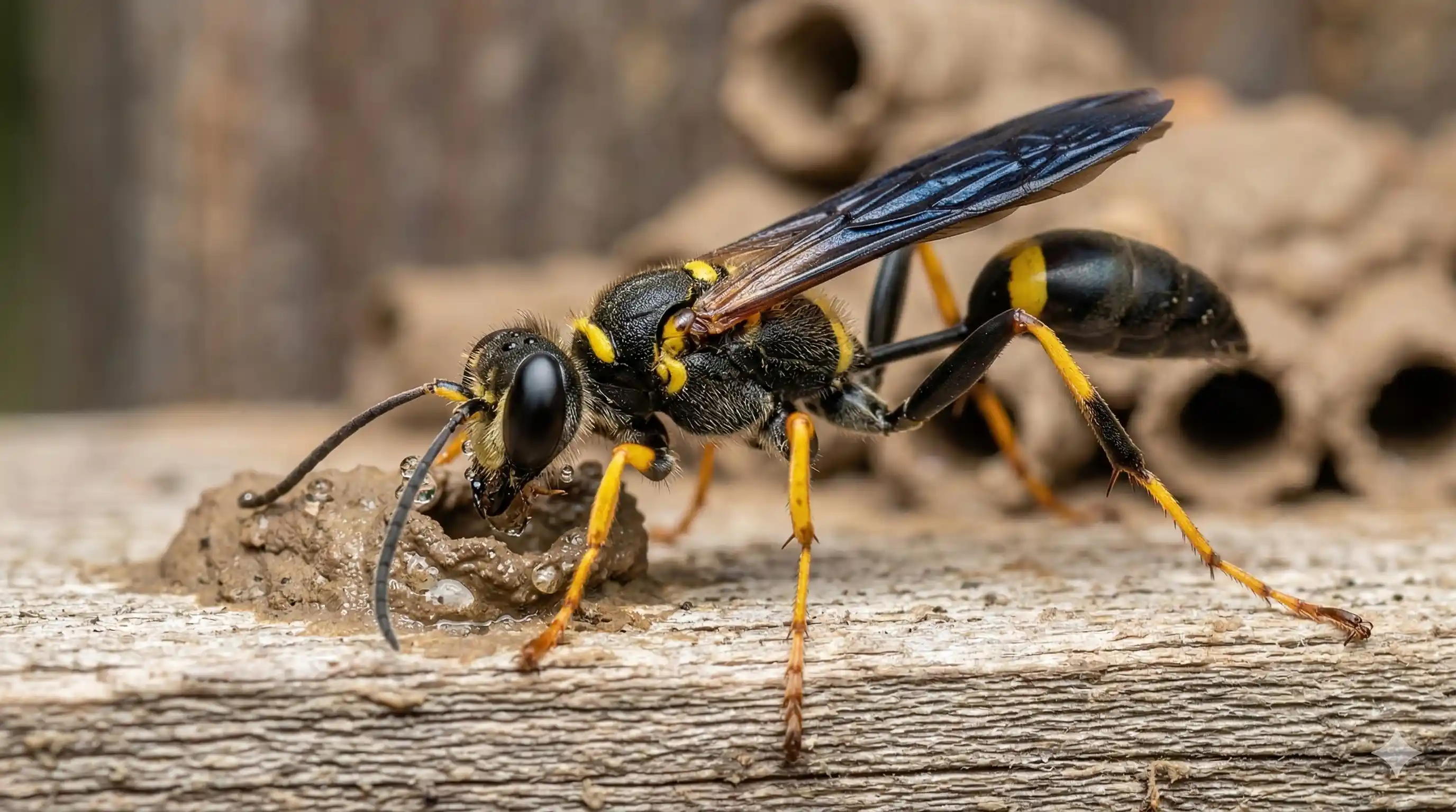 Mud dauber wasp with metallic blue coloring near mud nest structure