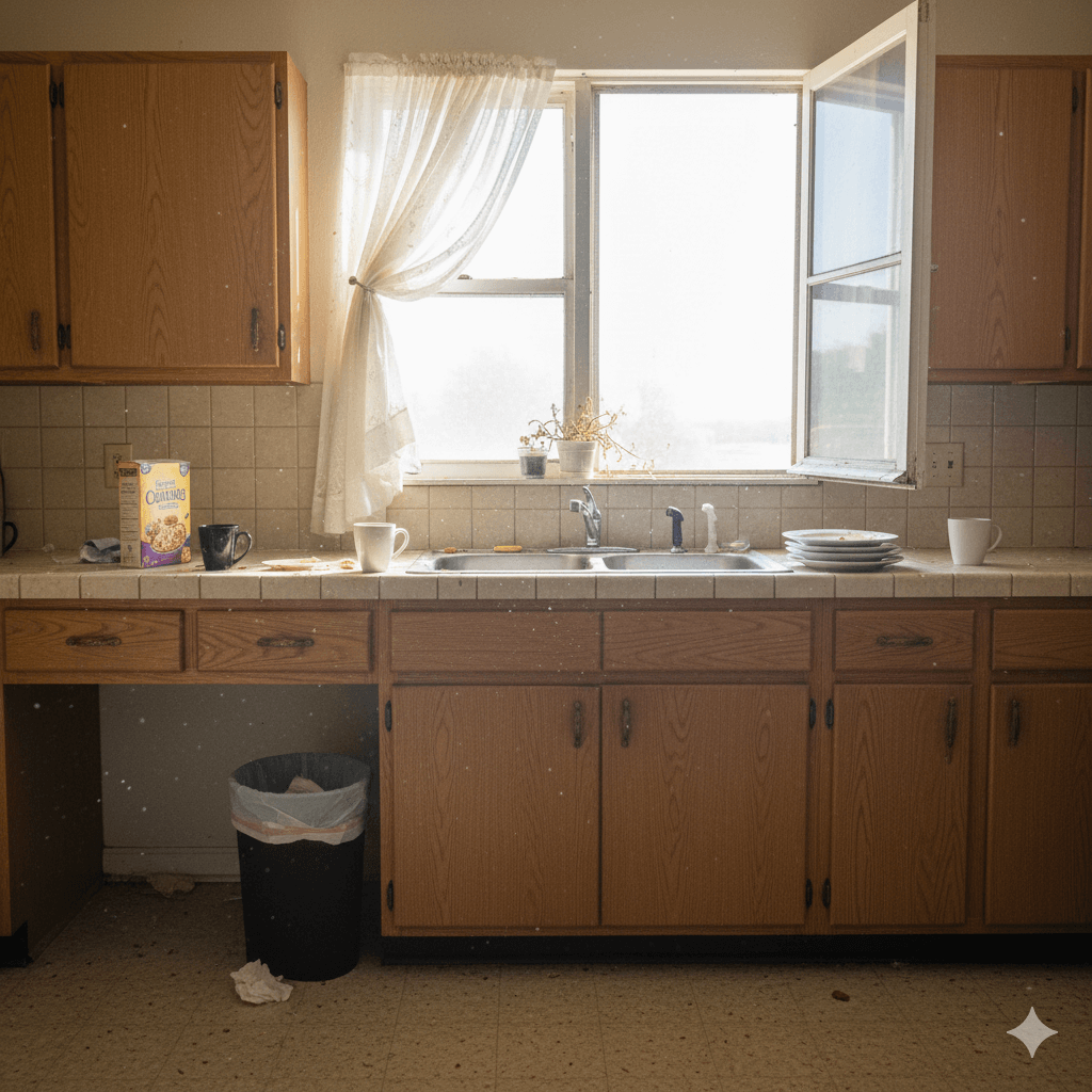 Heavily infested area producing characteristic musty cockroach odor