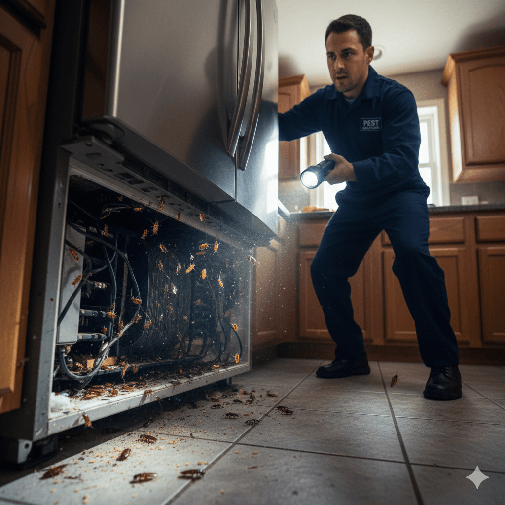 Cockroach nesting site behind appliance with pheromone trails