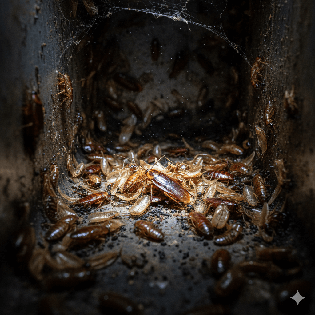 Cast cockroach skins from molting nymphs in hidden harborage spot