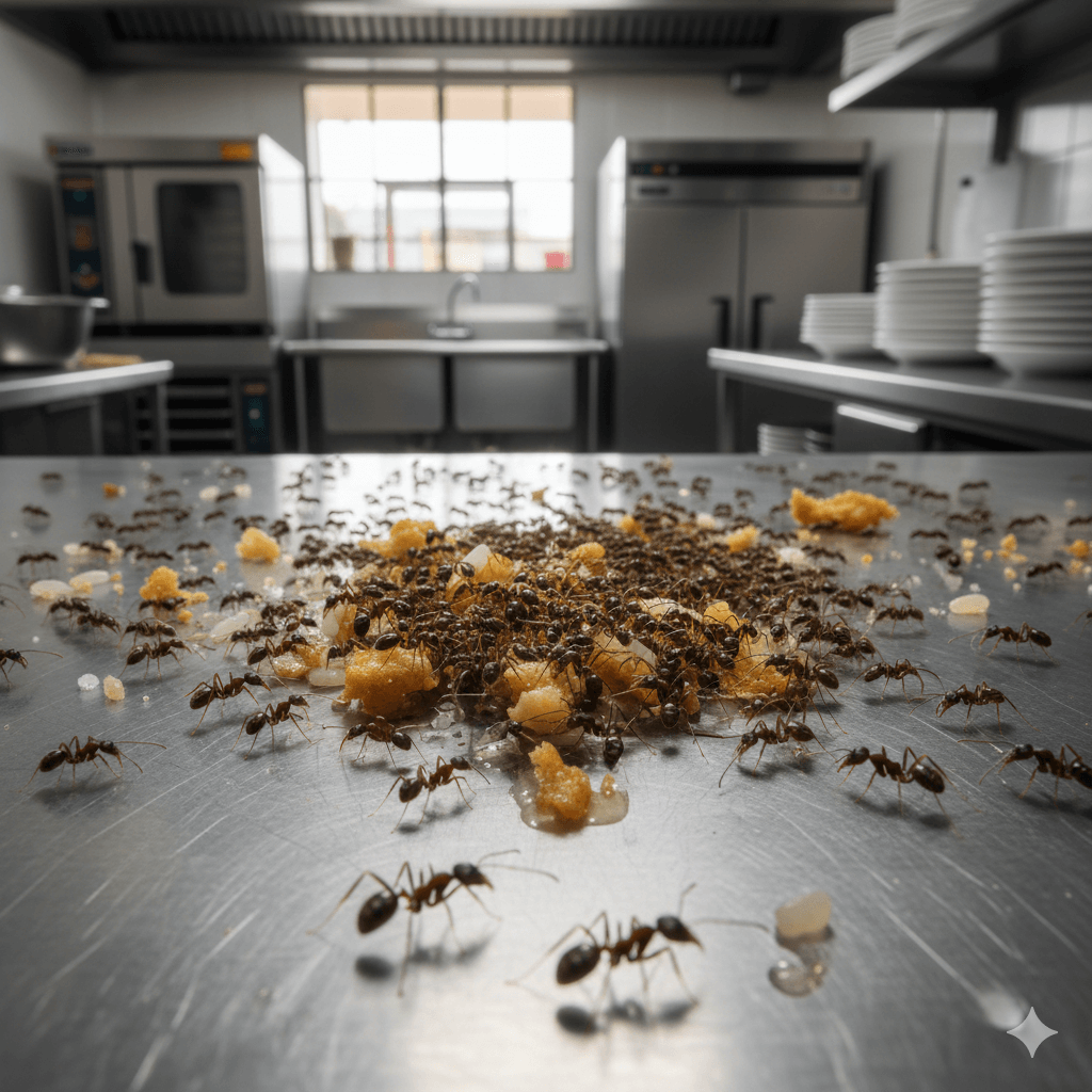 Ant colonies contaminating products in commercial facility environment