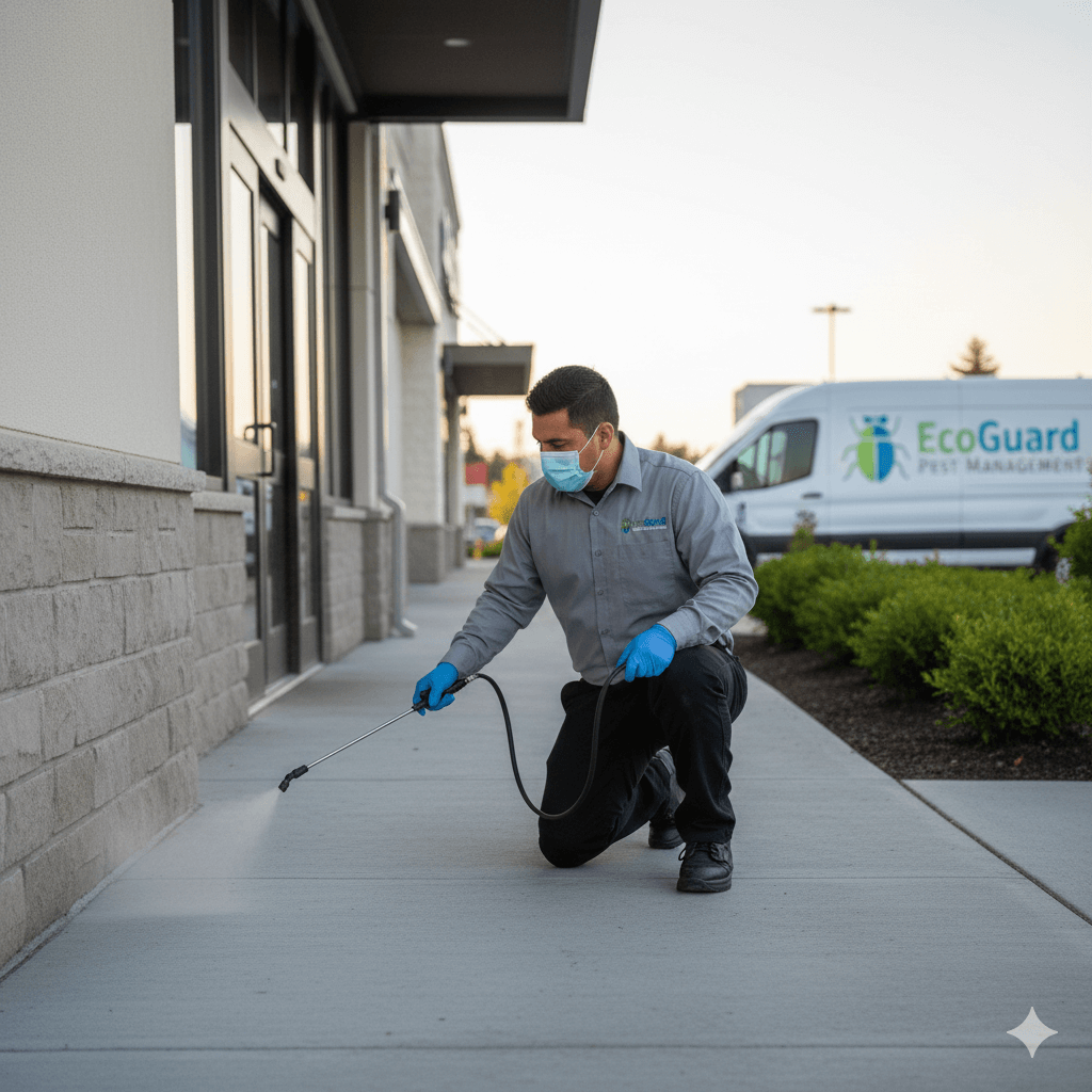 Technician applying exterior barrier pesticide treatment around commercial building perimeter