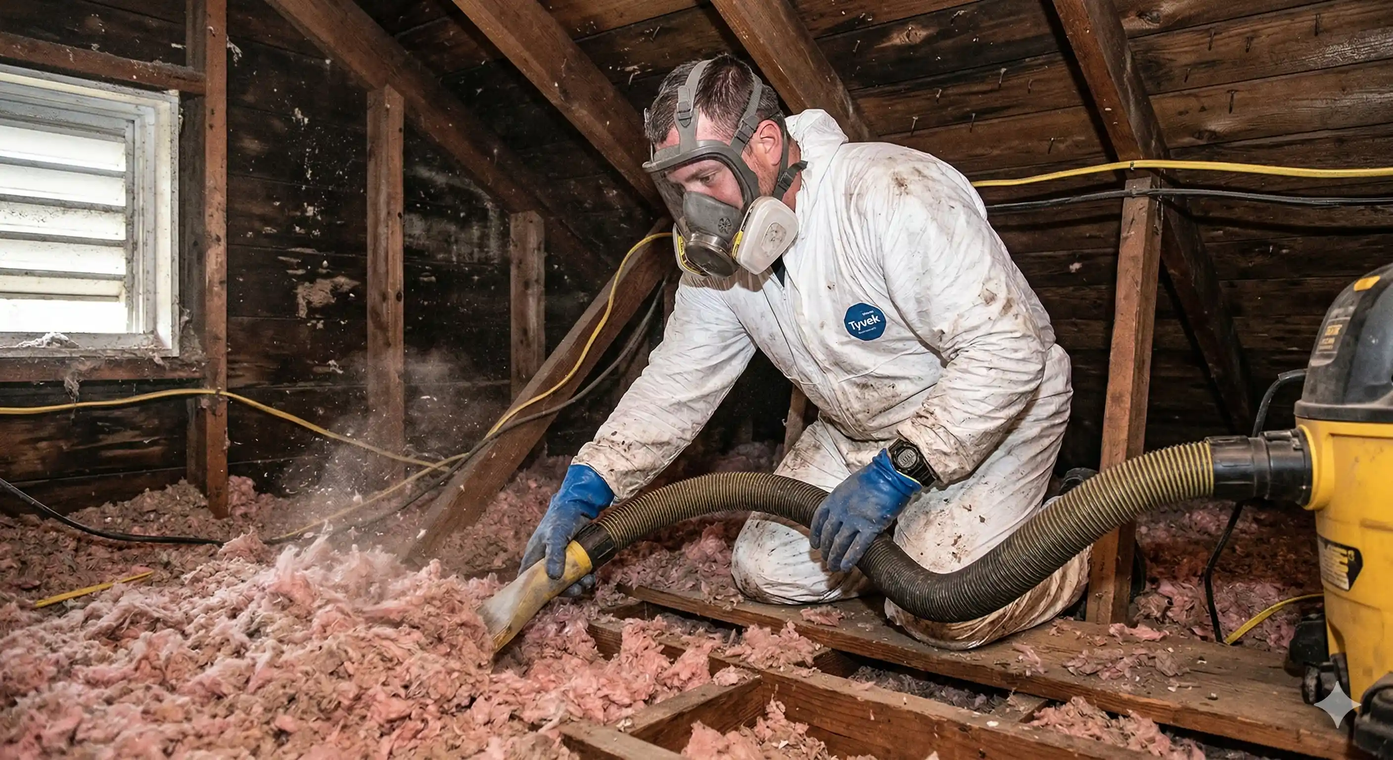 Professional removing contaminated attic insulation using specialized equipment