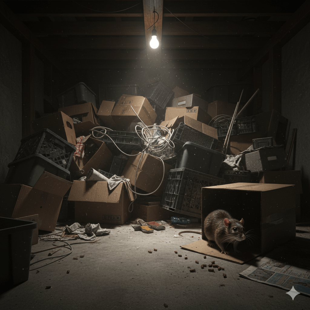 Cluttered storage space providing protected mice nesting spaces