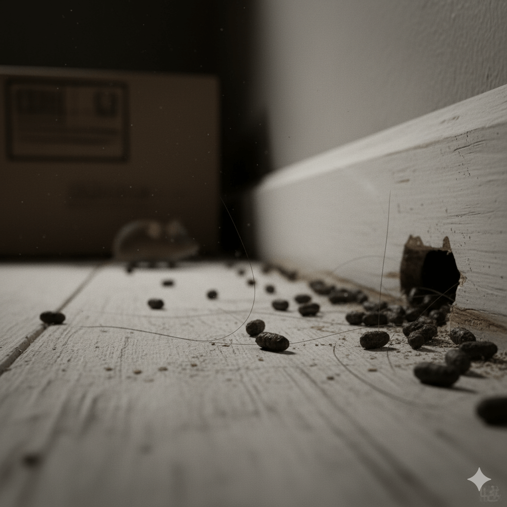 Pest droppings found along walls and in corners showing pest movement patterns