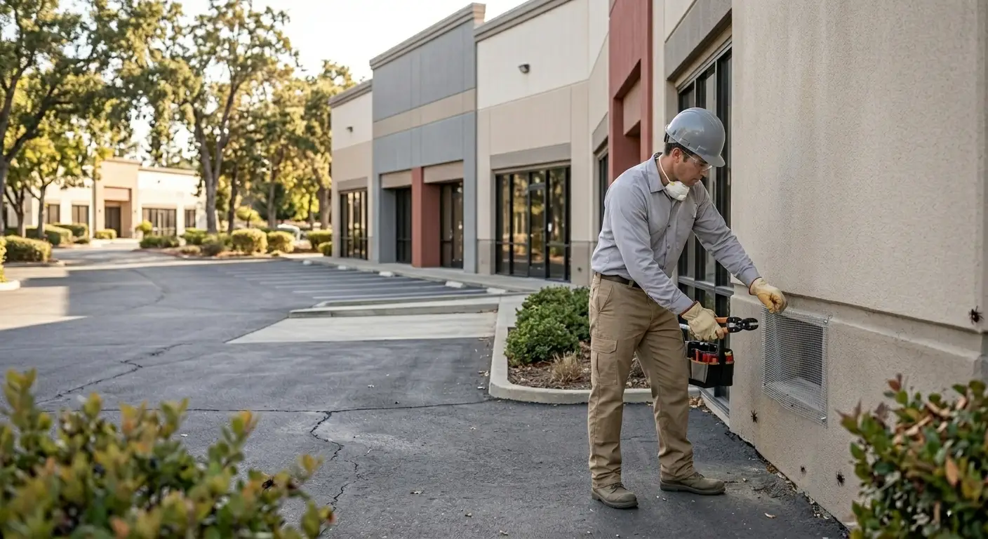 Technician sealing entry points in restaurant to prevent pest access