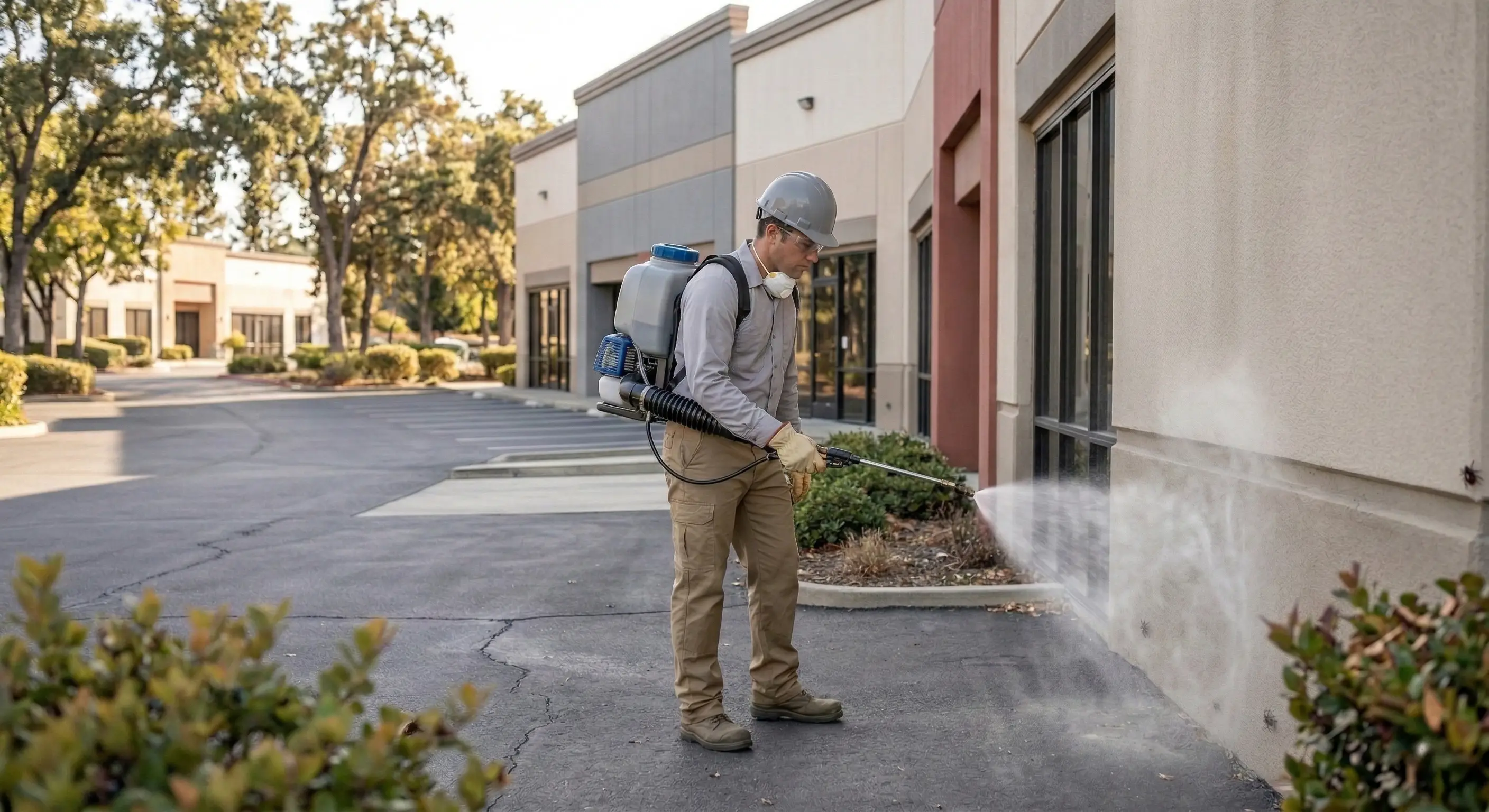 Professional applying pest treatment in commercial kitchen