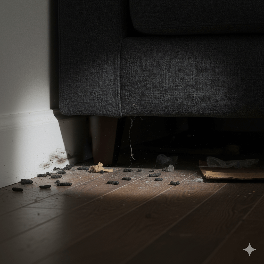 Dark pellet shaped mice droppings hidden along pathways mice use