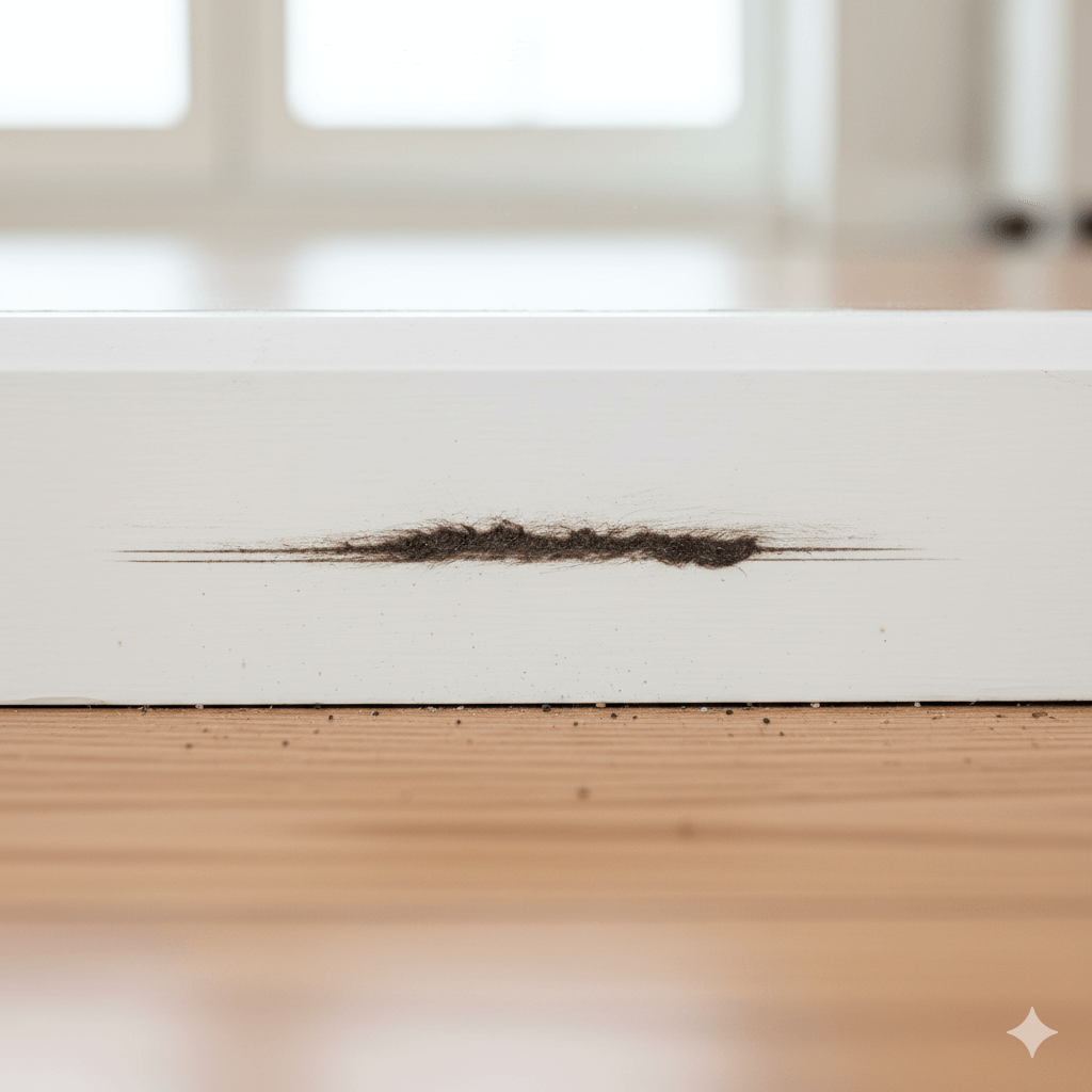 Dark grease smudge marks along baseboards from repeated rodent travel