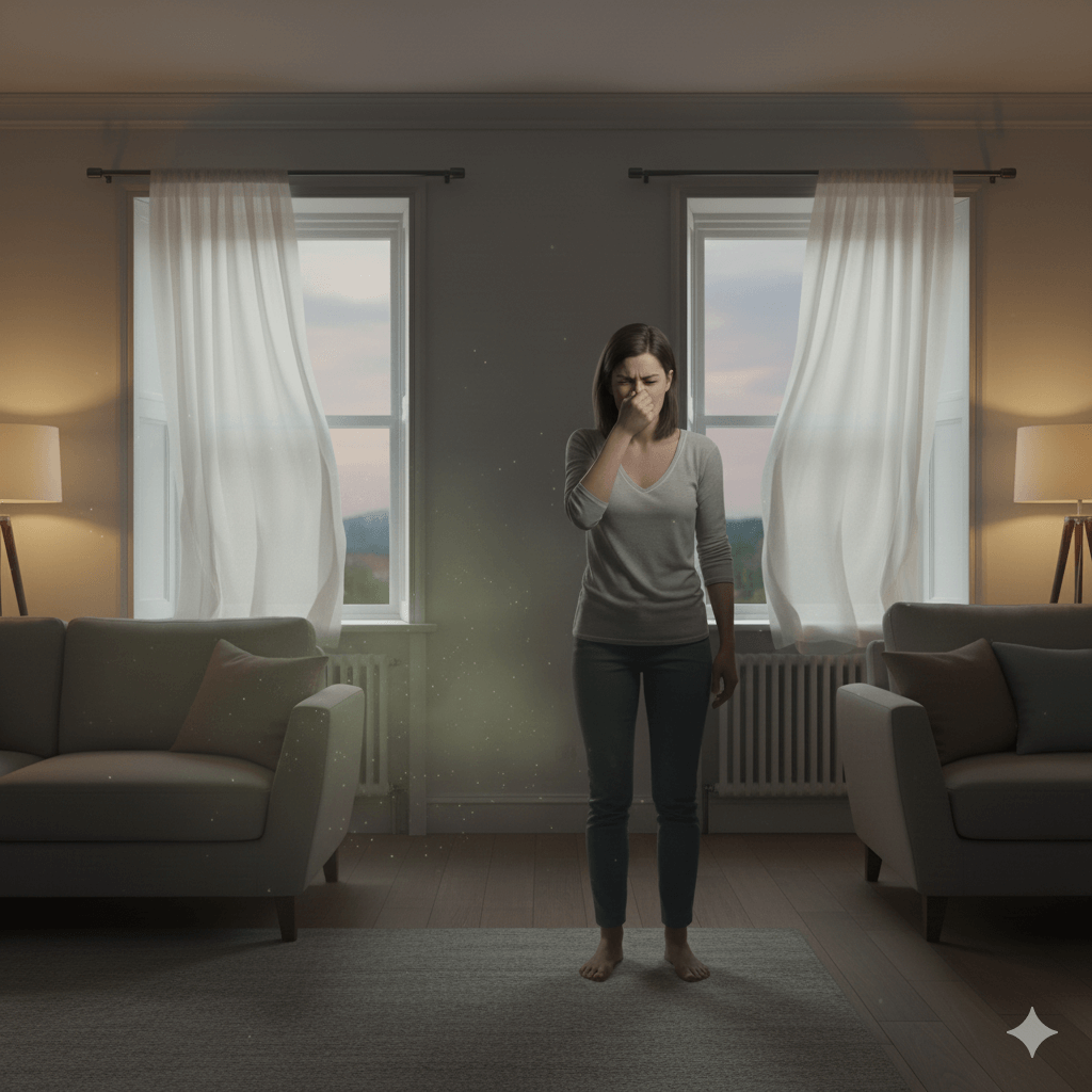 Musky rodent odors present in enclosed spaces indicating nesting areas