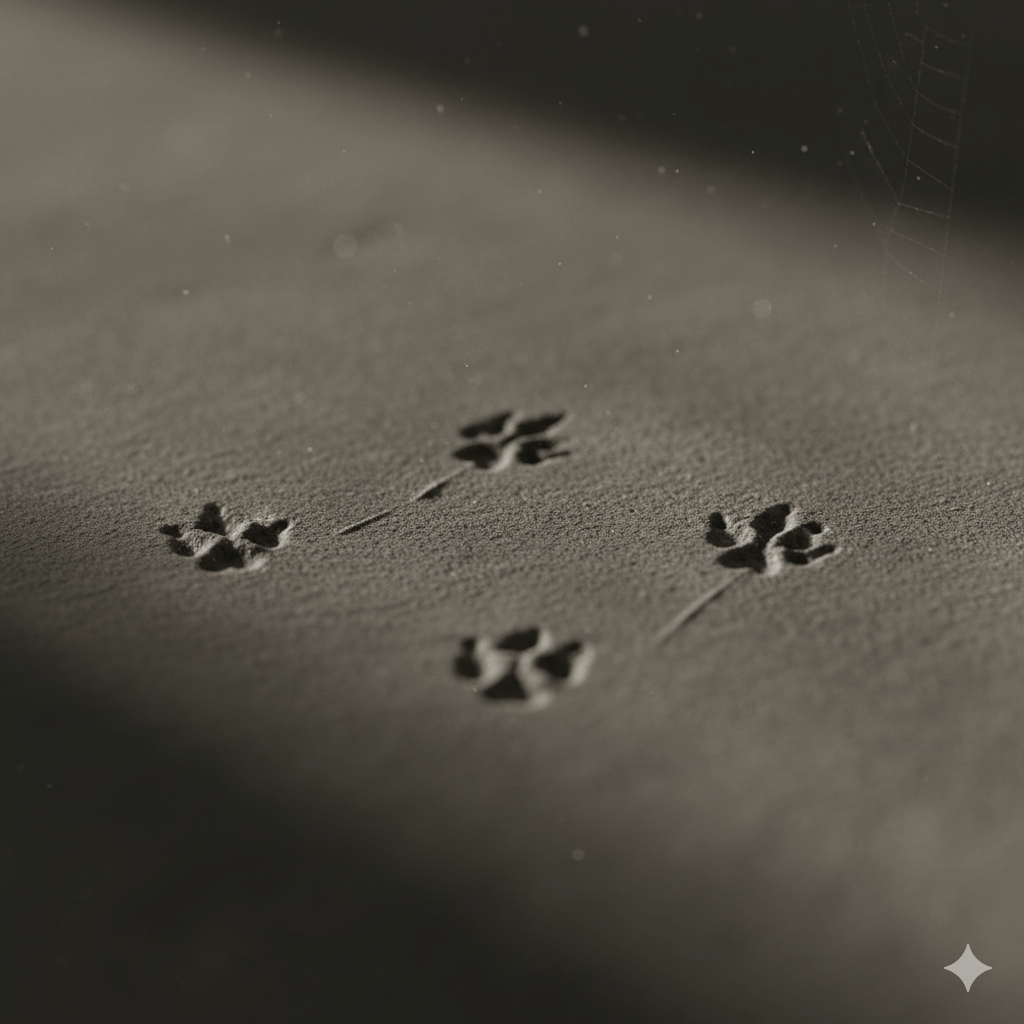 Mice footprints and tail drag marks visible in dusty areas