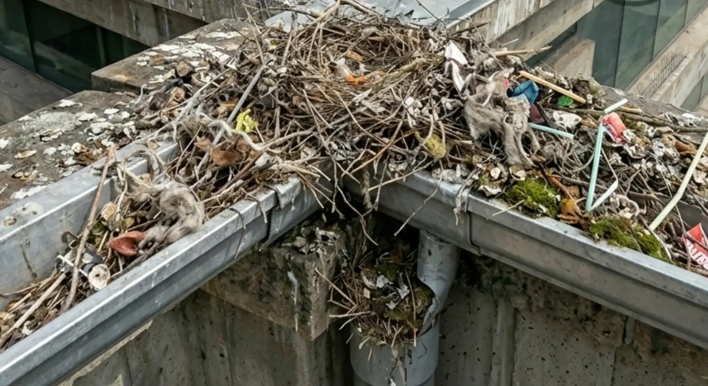 Gutter blocked with seagull nesting materials and debris