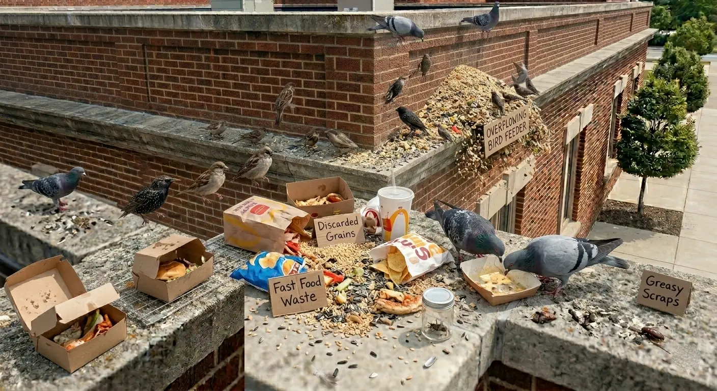 Seagulls gathering around exposed garbage and food waste