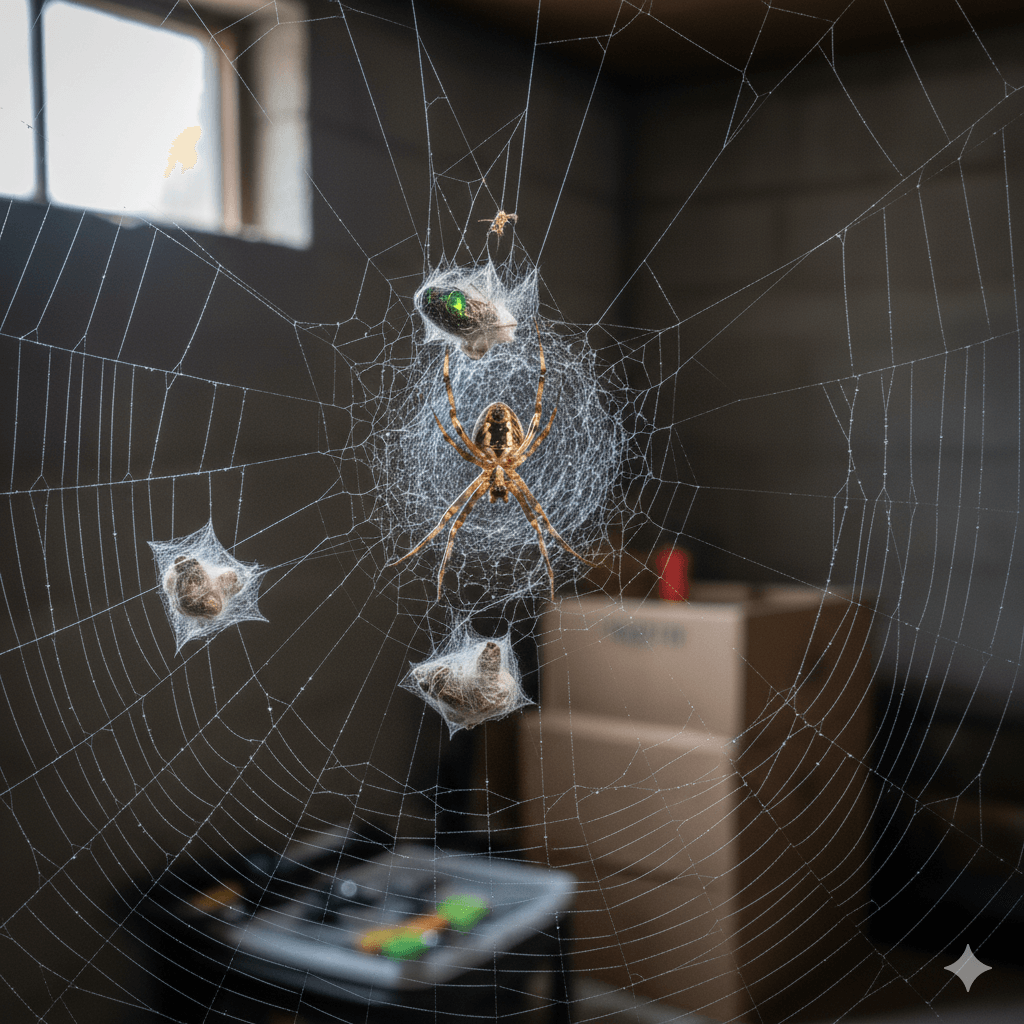 Abundant insect population providing food sources attracting spiders to property