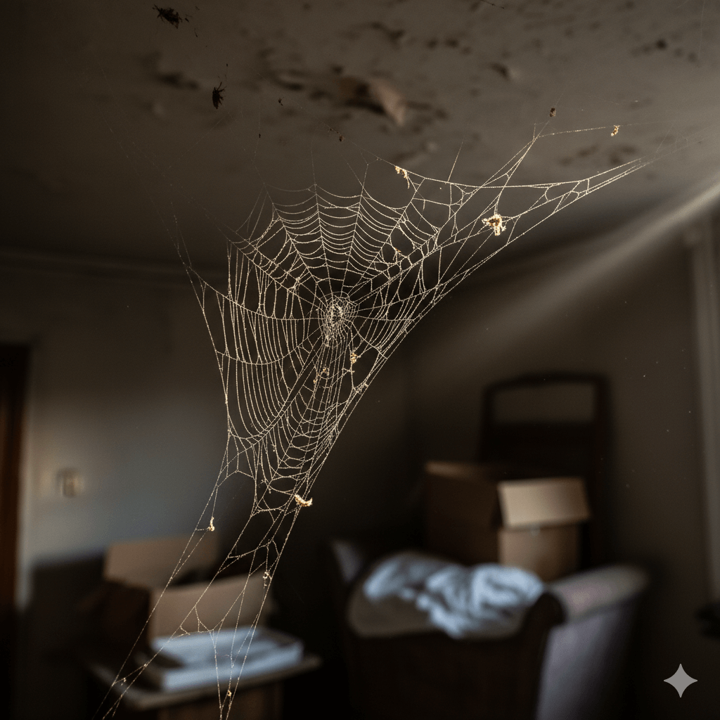 Spider webs in corners and ceiling junctions showing active spider presence