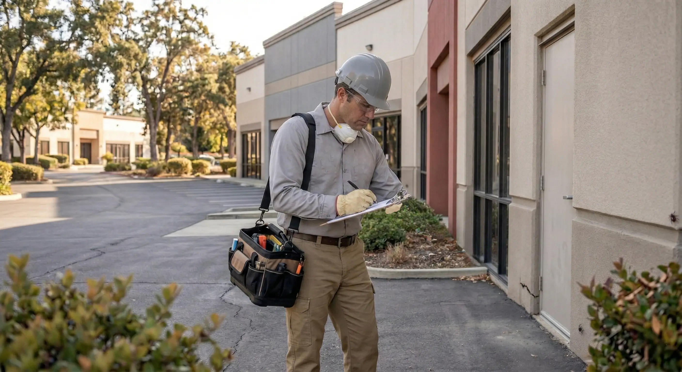 Pest control technician documenting inspection findings in supermarket