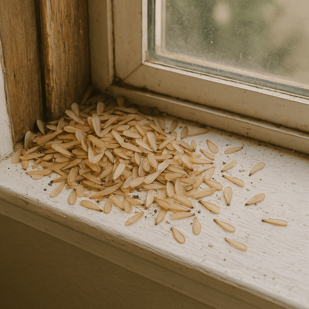Discarded termite swarmer wings found near window entry point
