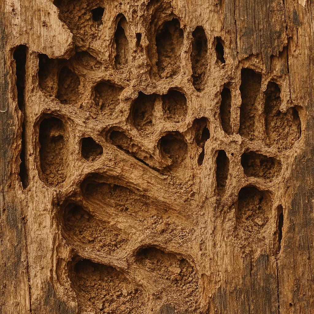 Maze like termite tunnels visible inside exposed damaged wooden structure