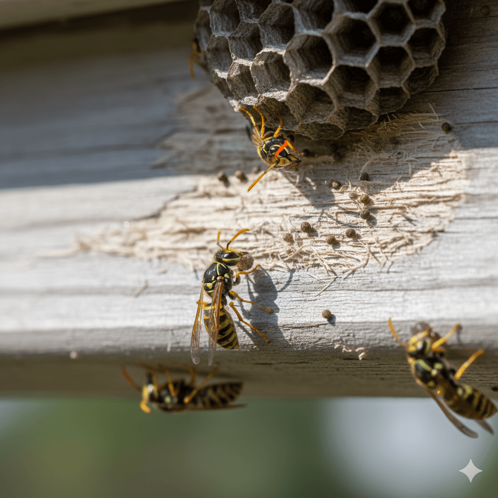 Scraped weathered wood showing marks from wasps harvesting fibers for nest construction