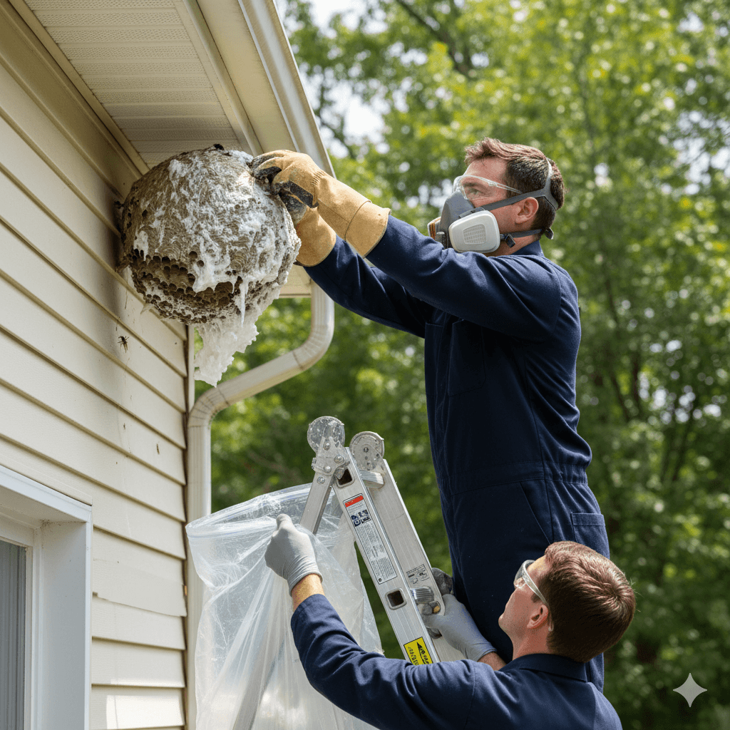 Safe removal of treated wasp nest from residential property by certified technician