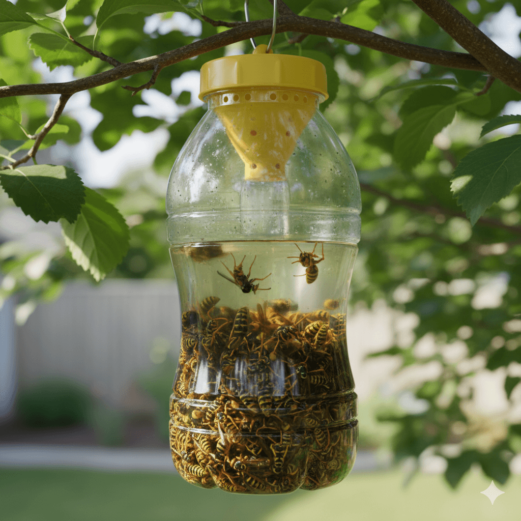 Professional wasp trap strategically placed near property to capture foraging wasps