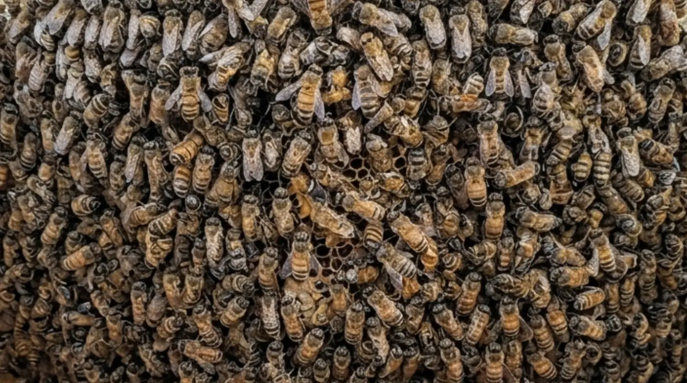 Honeybees forming a winter cluster inside a hive to generate heat and survive the cold