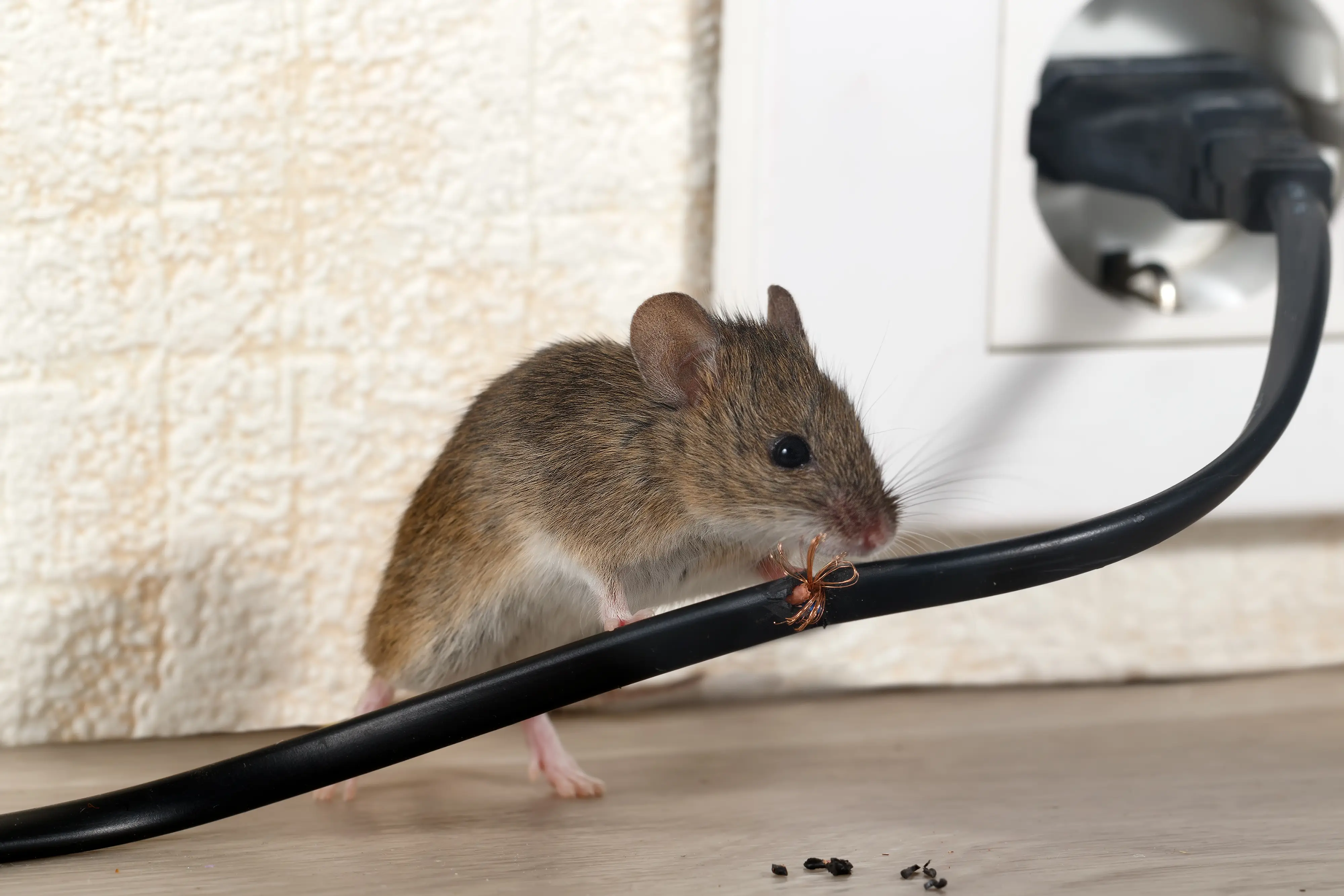 House mouse searching for food along a kitchen baseboard