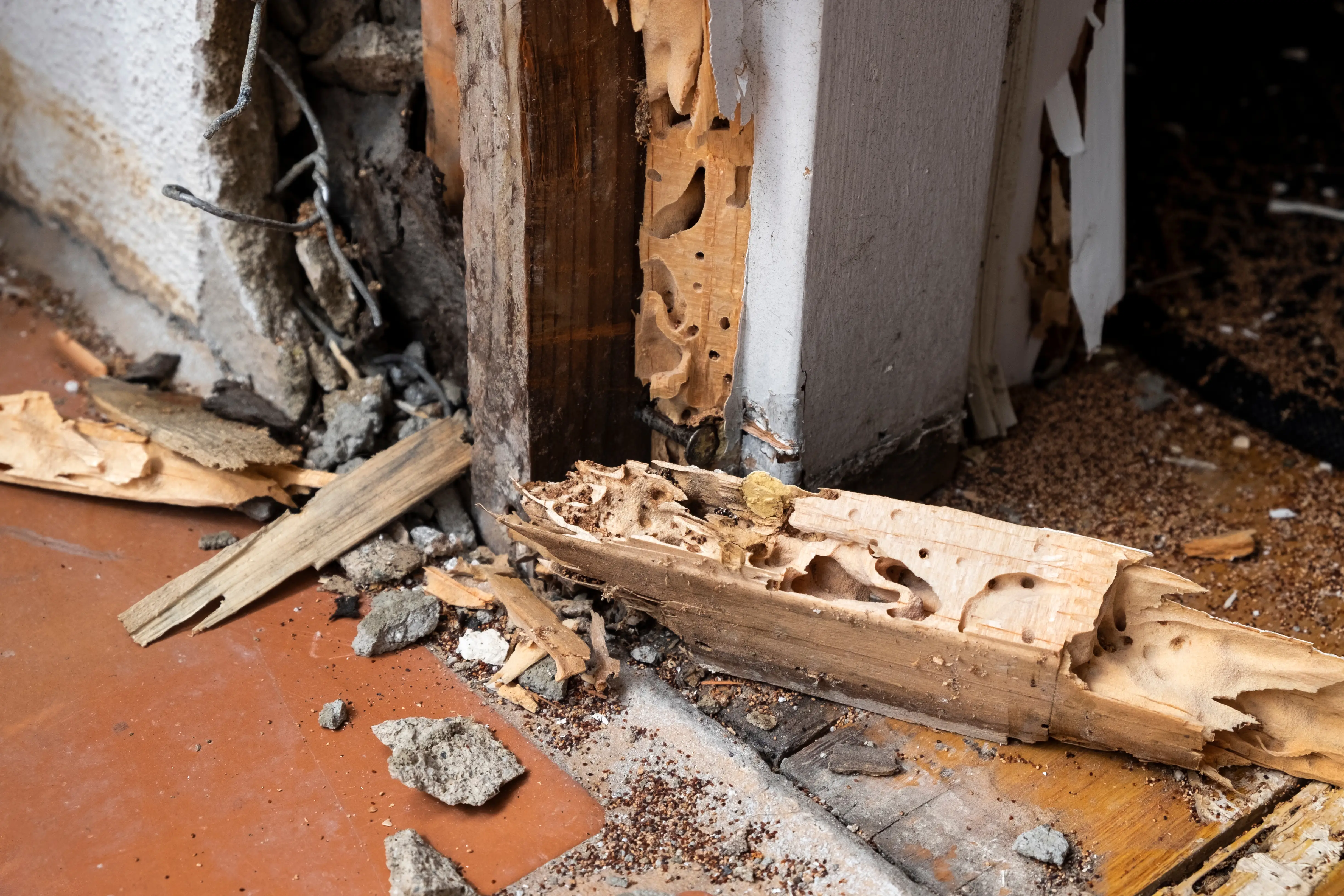 Licensed contractor repairing termite-damaged wood structure