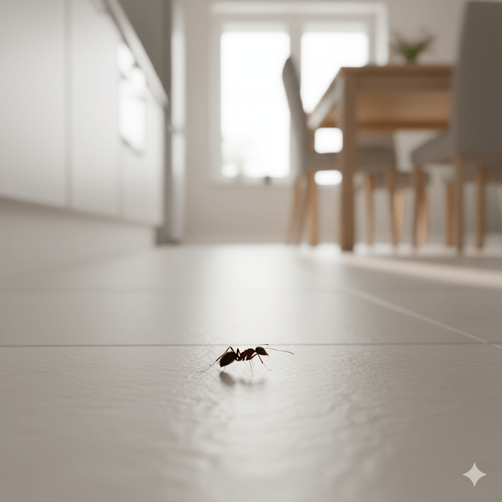 A single worker ant scout looking for food in a kitchen