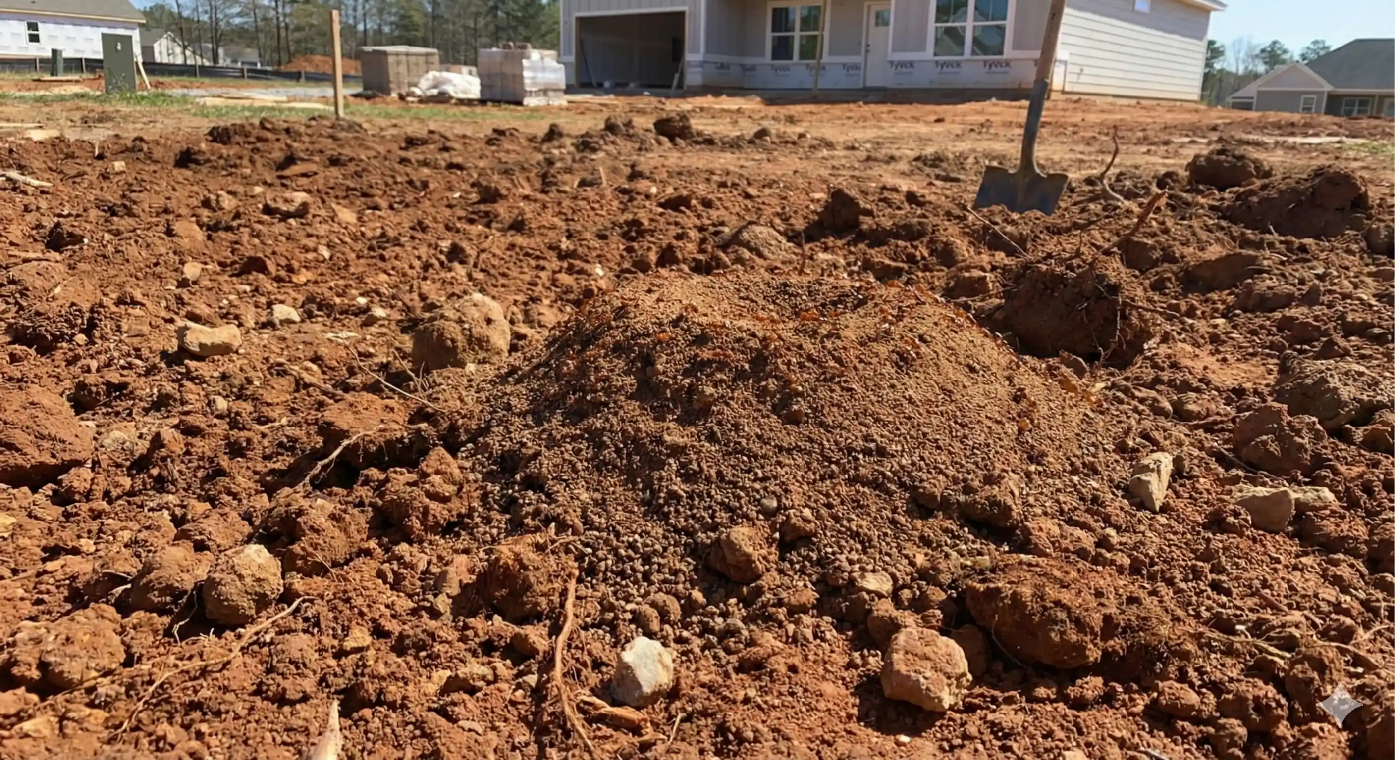 Recently disturbed soil from landscaping or construction attracting fire ant colony establishment
