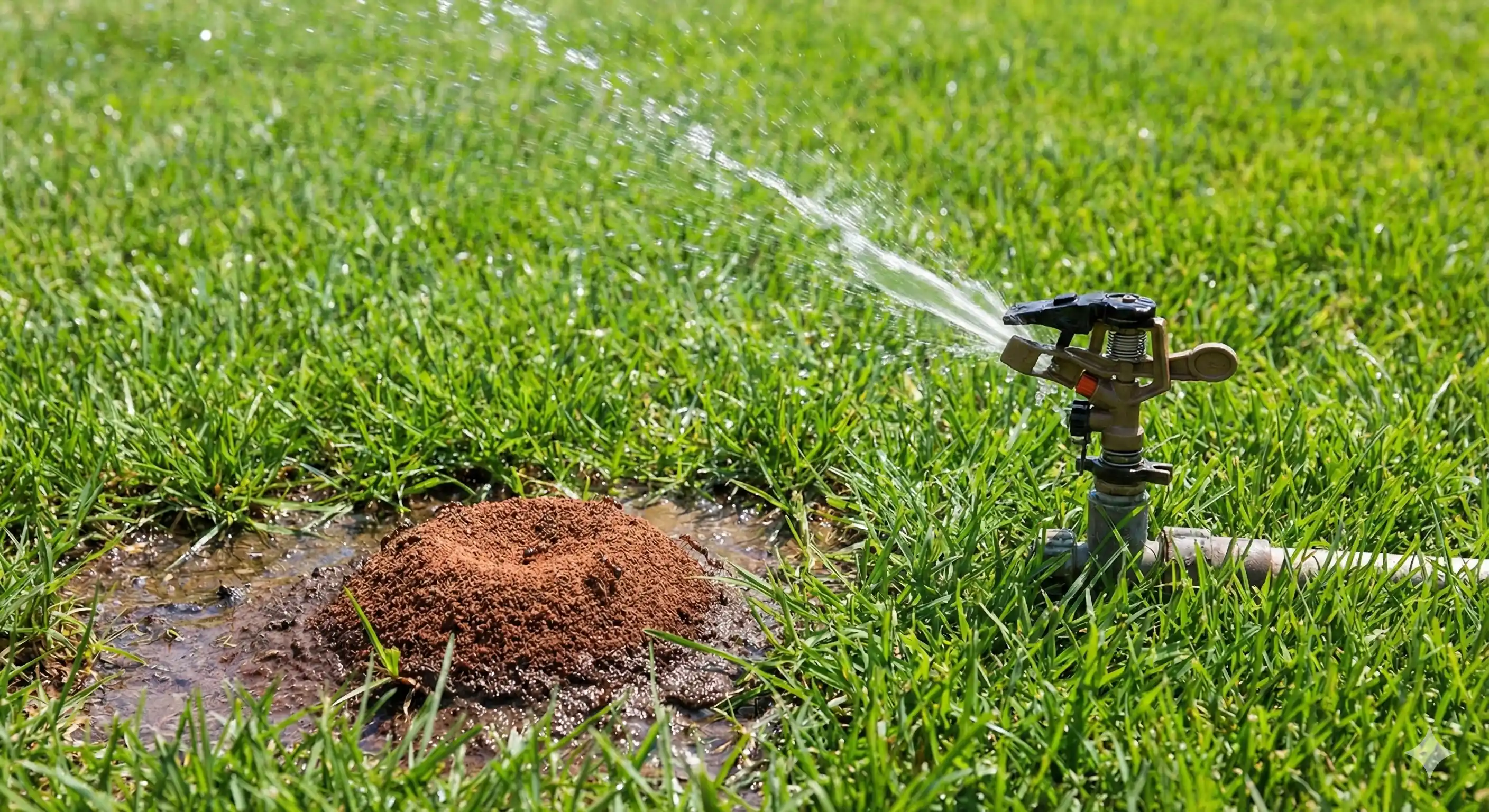 Irrigated lawn area with adequate soil moisture supporting fire ant activity