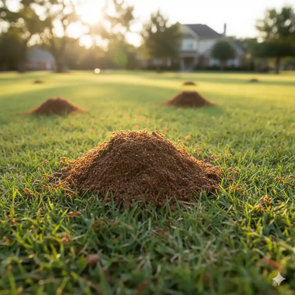 Open sunny lawn area with fire ant mounds visible in sunlit landscape