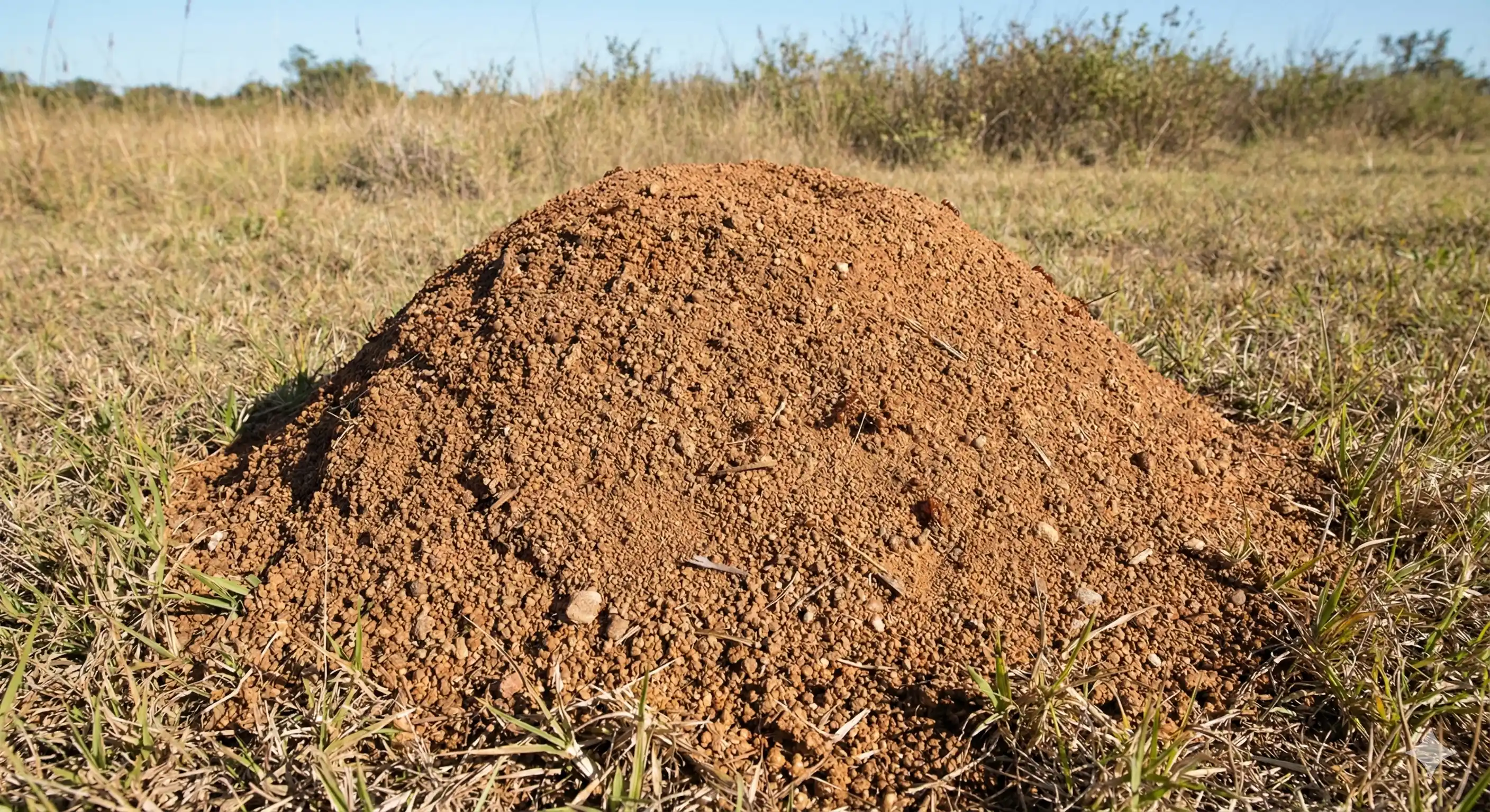 Dome-shaped fire ant mound made of loose granular soil in lawn area