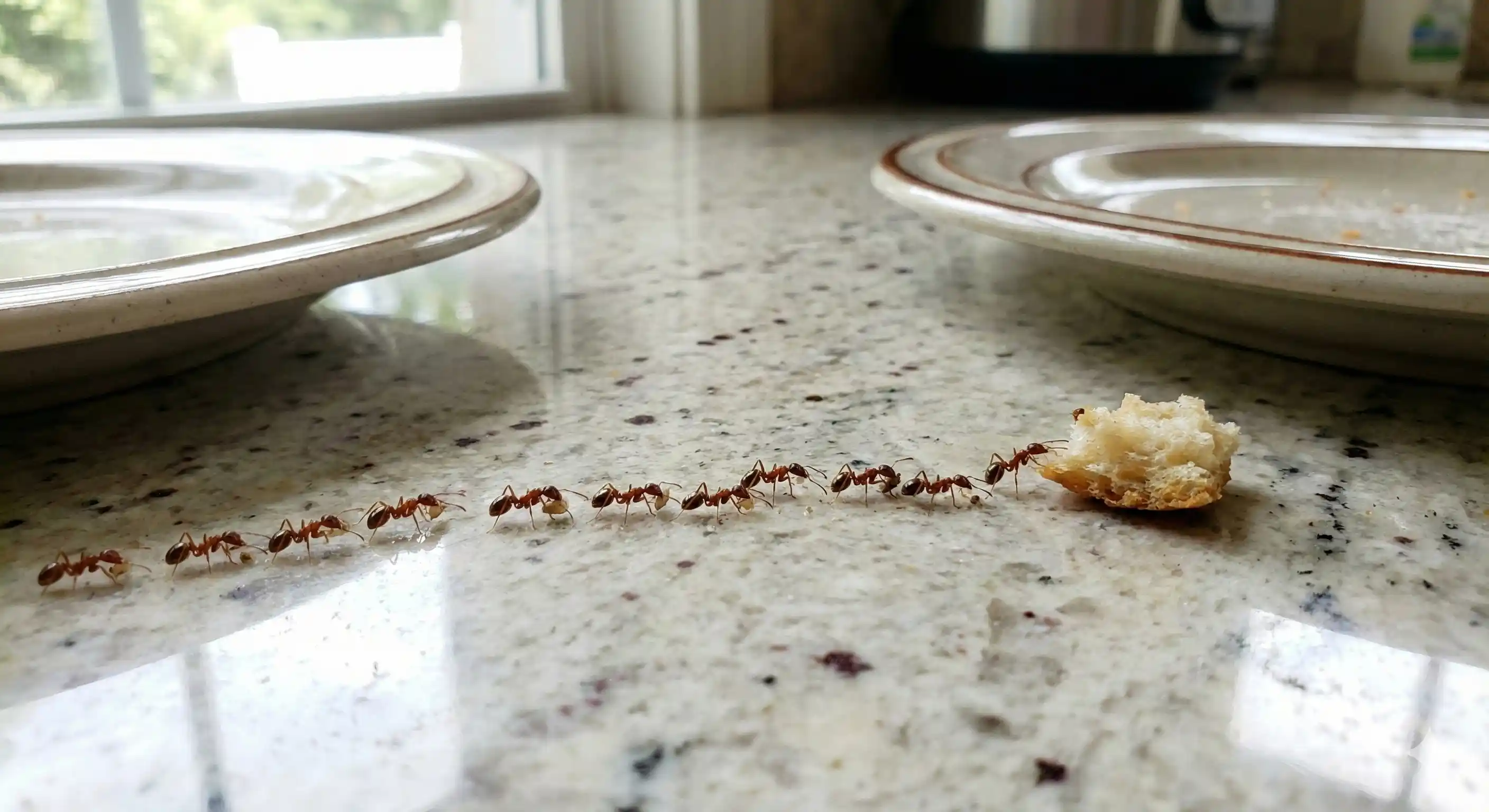 Fire ant workers following foraging trail between mound and food source
