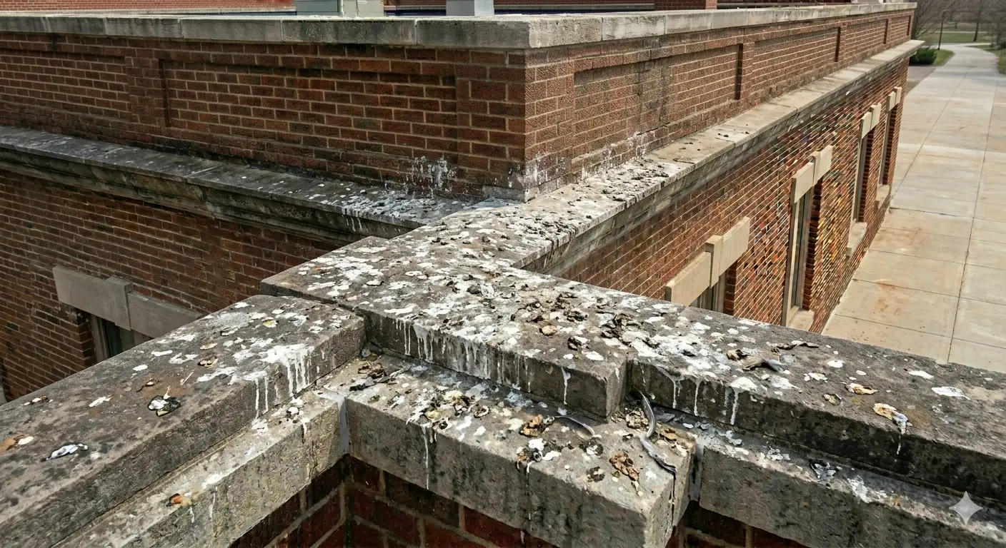 Accumulated pigeon droppings on building ledge