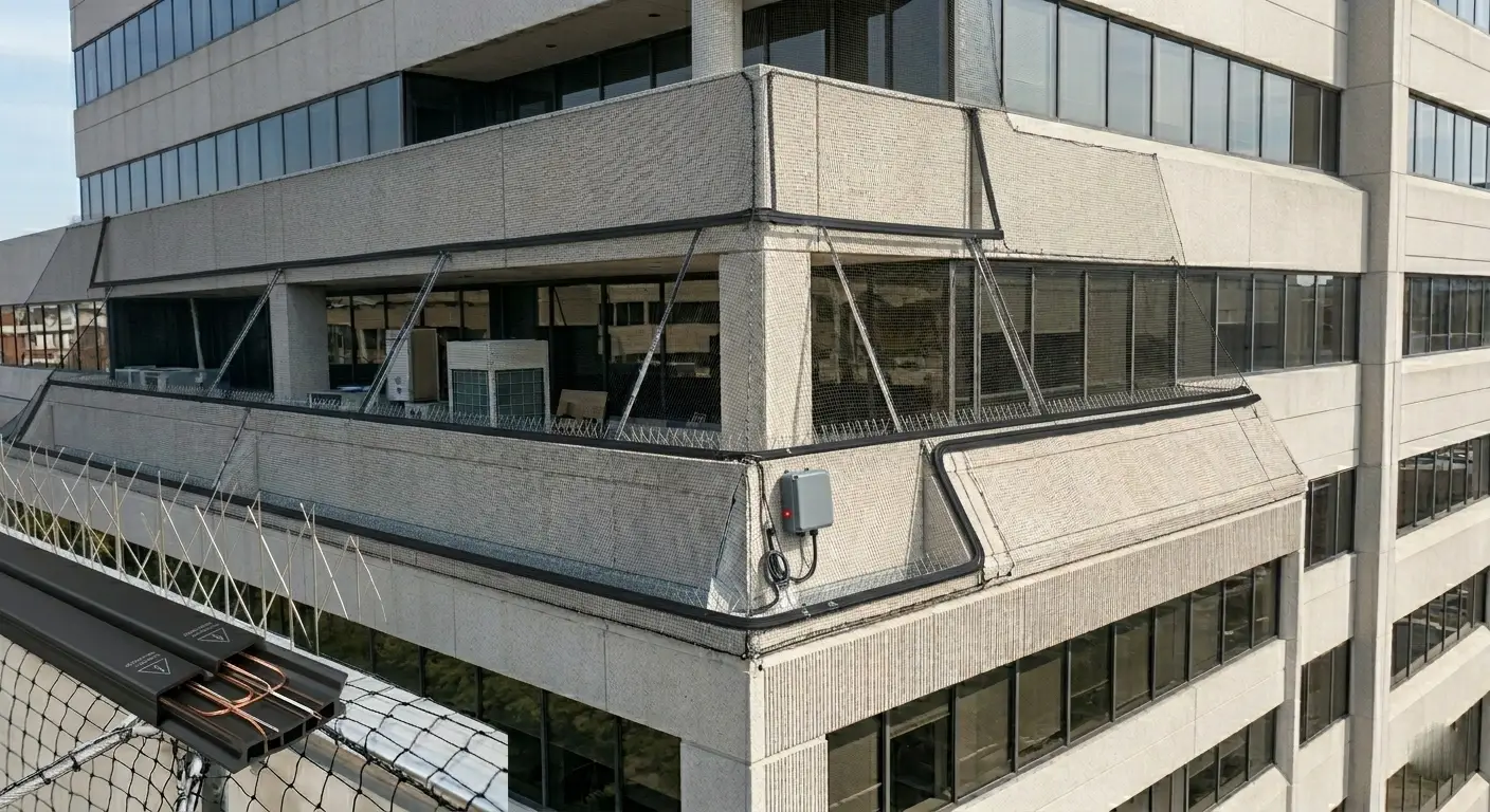 Electric track pigeon deterrent system on building ledge