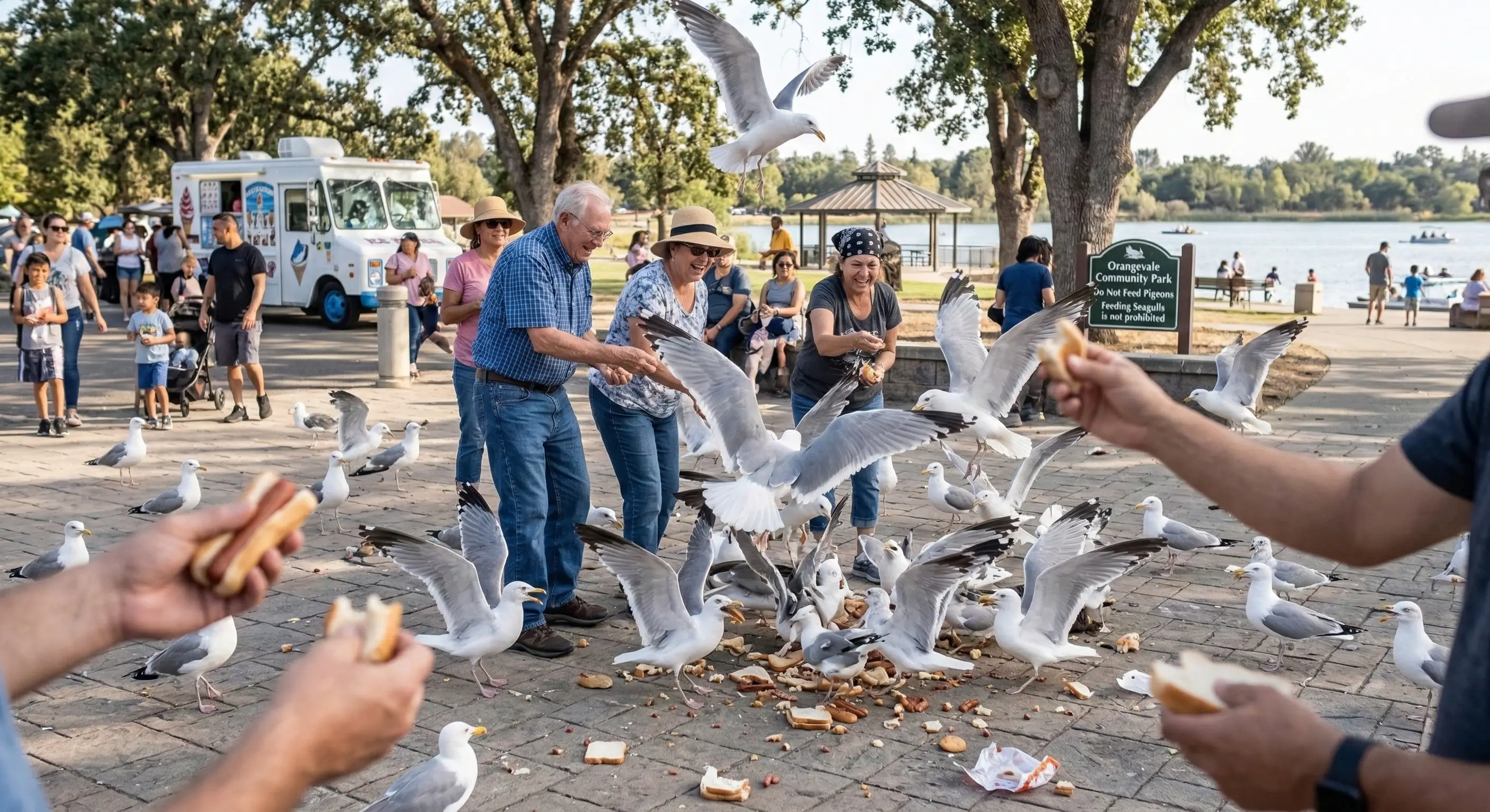 Seagulls congregating in public area where people feed birds