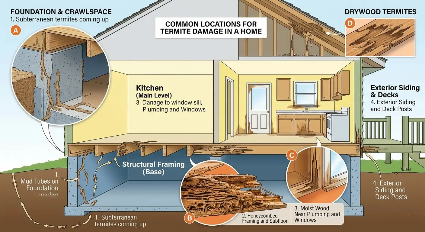 Diagram showing common locations for termite damage in a home