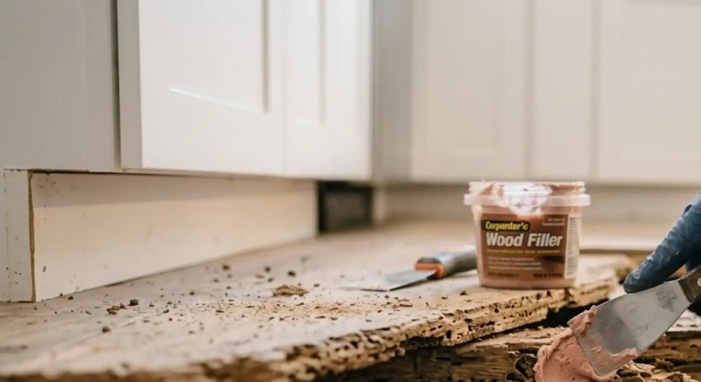 Wood filler being applied to minor termite damage
