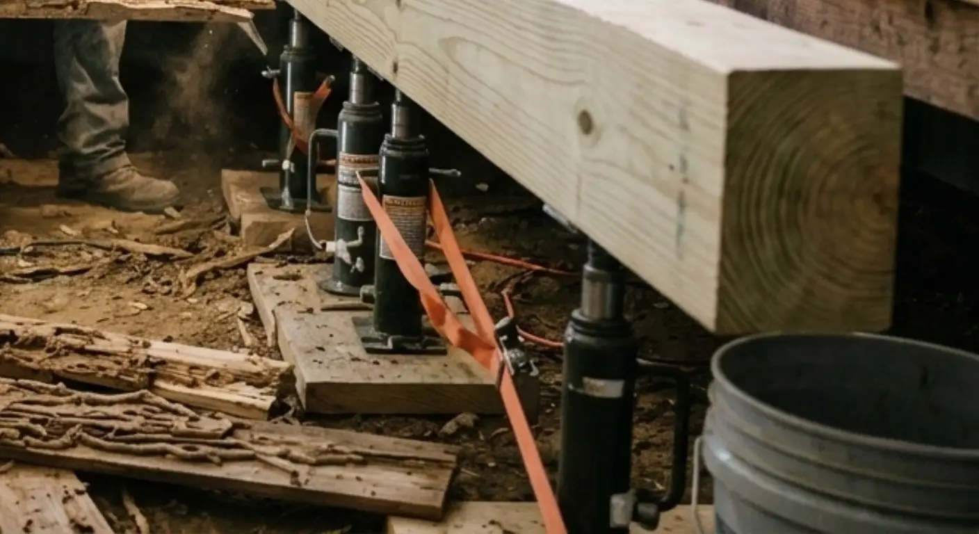 Wooden support brace reinforcing damaged beam