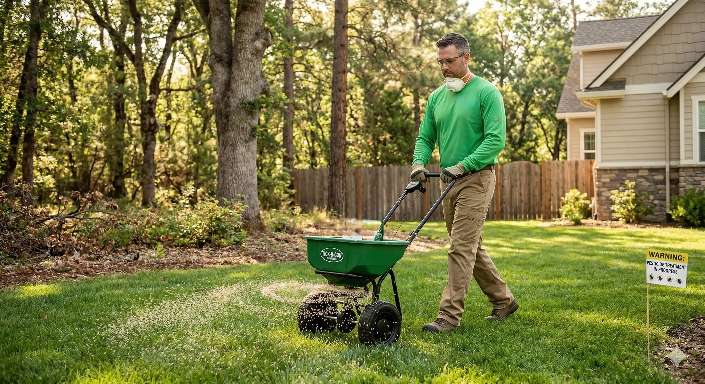 Applying granular tick treatment across lawn area