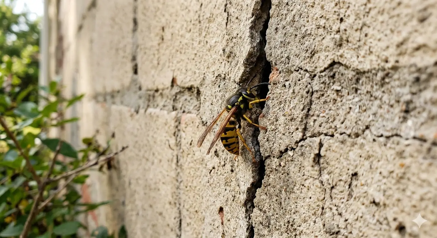 Yellow jacket entering gap in building structure
