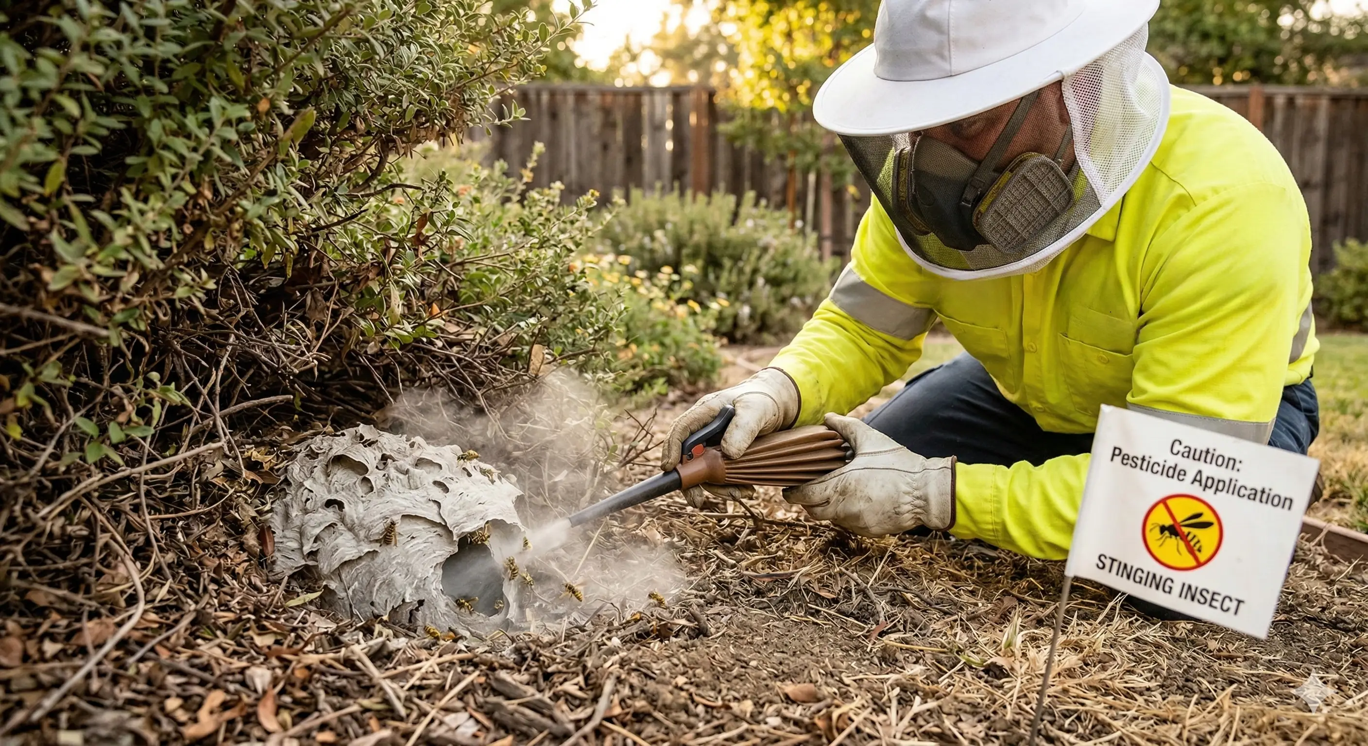 Applying dust treatment to underground yellow jacket nest